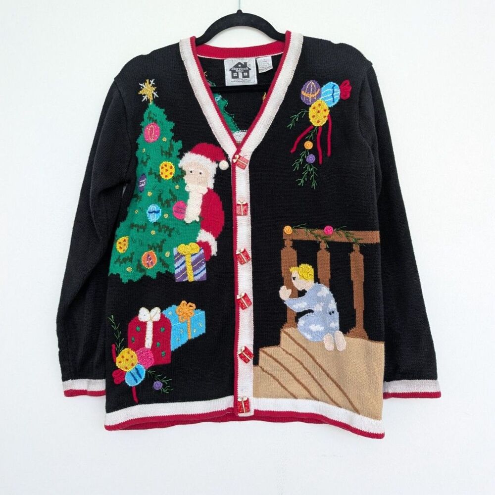 Vtg Storybook Knits Christmas Holiday Fully Embroidered Button Up Cardigan Sz S